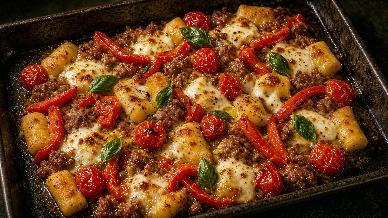 Bandeja de gnocchi al horno con tomates cherry, pimiento, salchicha y mozzarella.
