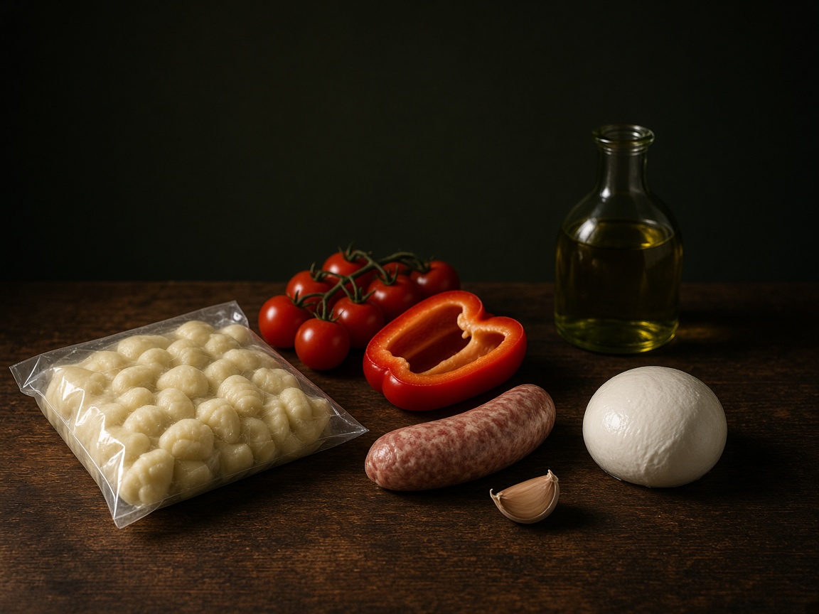 Gnocchi de paquete, tomates cherry, medio pimiento rojo, salchicha italiana, ajo, mozzarella y aceite de oliva.